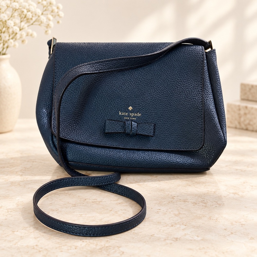 Kate Spade New York Navy Blue Pebbled Leather Bow Flap Crossbody Purse